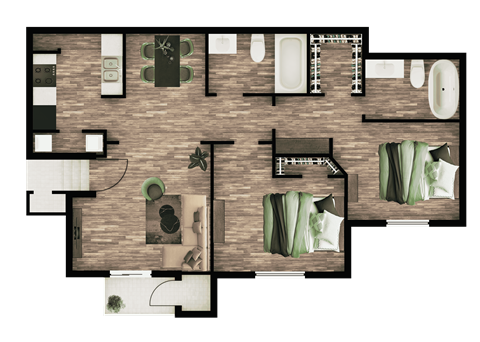 A floor plan of a house with a living room, dining room, kitchen, and bathrooms.